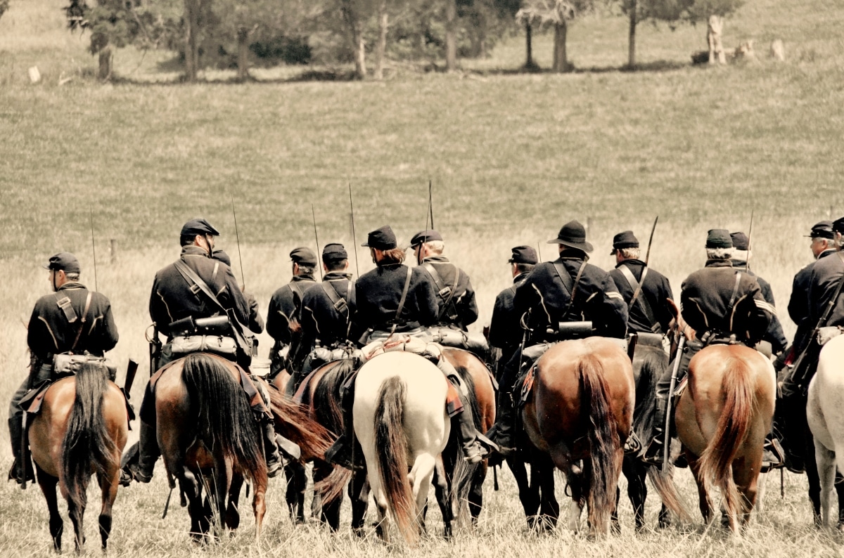 LOUISA, VA – JUNE 9, 2012: Men re-enact the Civil War Battle of Trevilian Station in Louisa, Virginia
