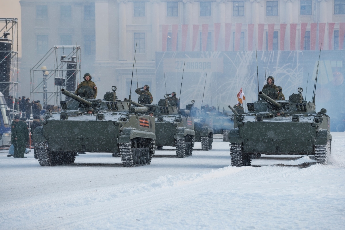 SAINT PETERSBURG, RUSSIA - JANUARY 24, 2019: Convoy of Russian infantry fighting vehicles