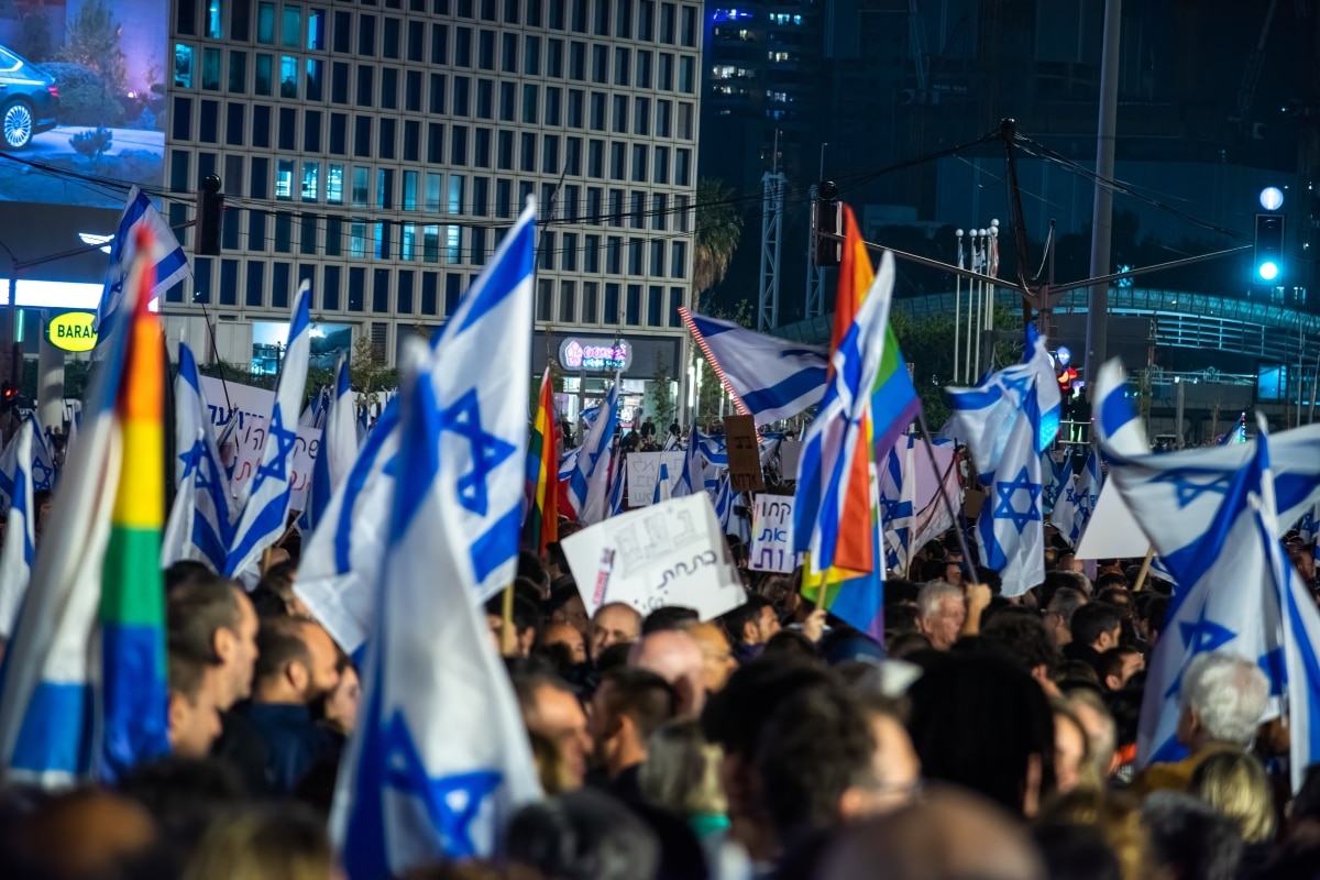 Israelis protest in Tel Aviv against plans by prime minister Benjamin Netanyahu new government to trample the legal system and the supreme court