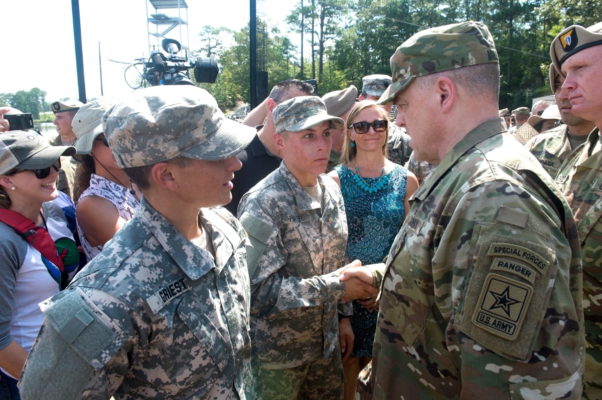 U.S. Army Chief of Staff Gen. Mark A. Milley congratulates 1st Lt. Shaye Haver for graduating U.S. Army Ranger School