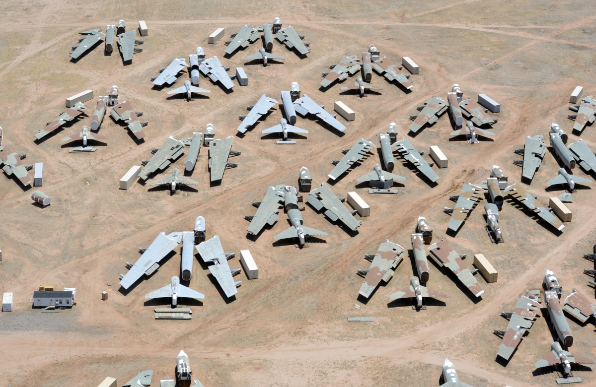 Retired aircraft sit in the 309th Aerospace Maintenance and Regeneration Group at Davis-Monthan Air Force Base, Ariz