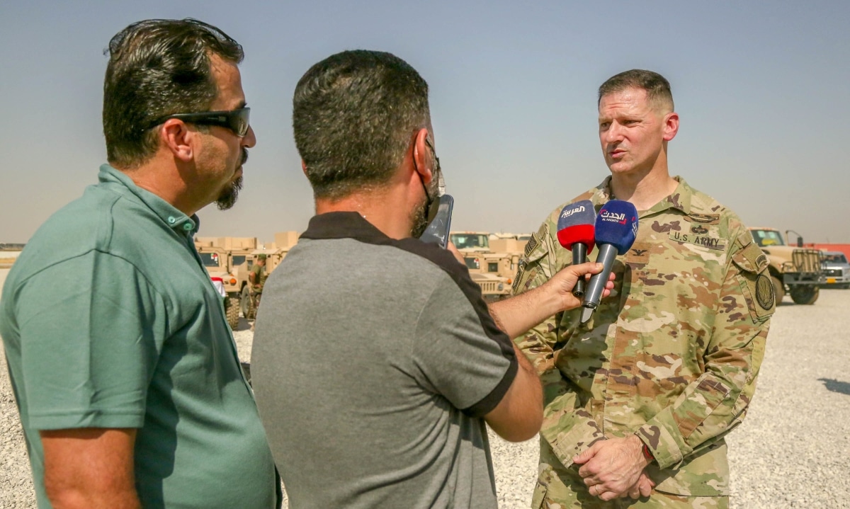 U.S. Army Colonel Todd Burroughs, Deputy Director Military Advisor Group North gets interviewed by local news chancel at Erbil Air base, Iraq