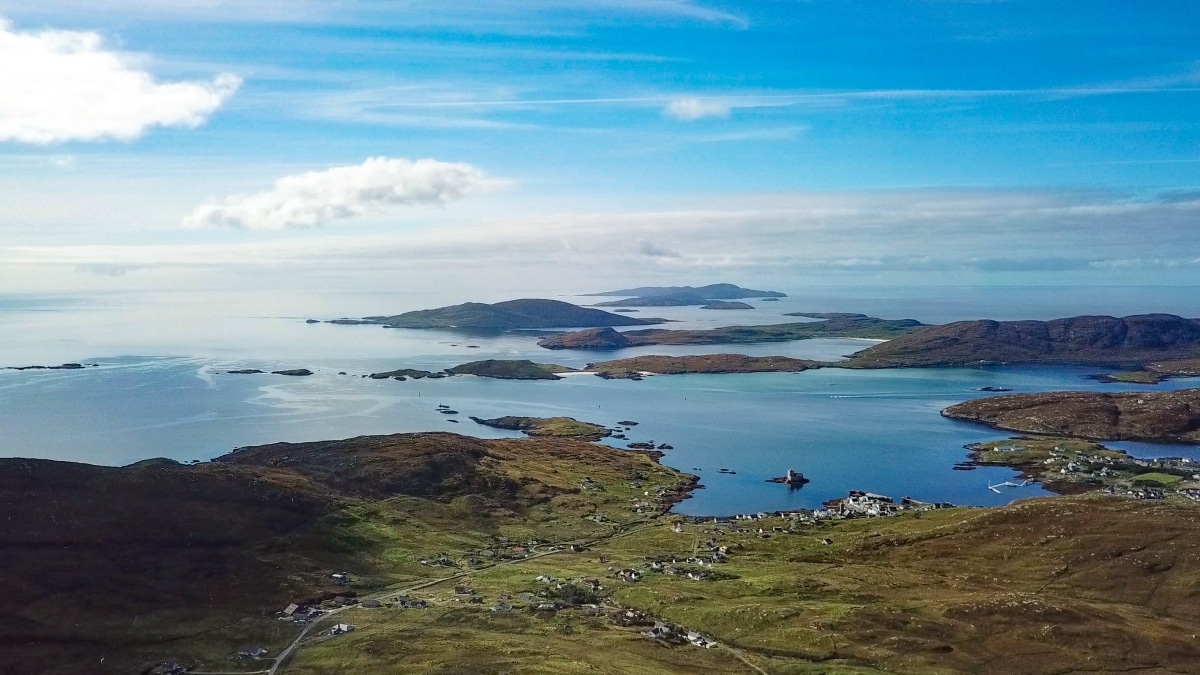Aerial view of castle bay on Barra, in the Outer hebrides