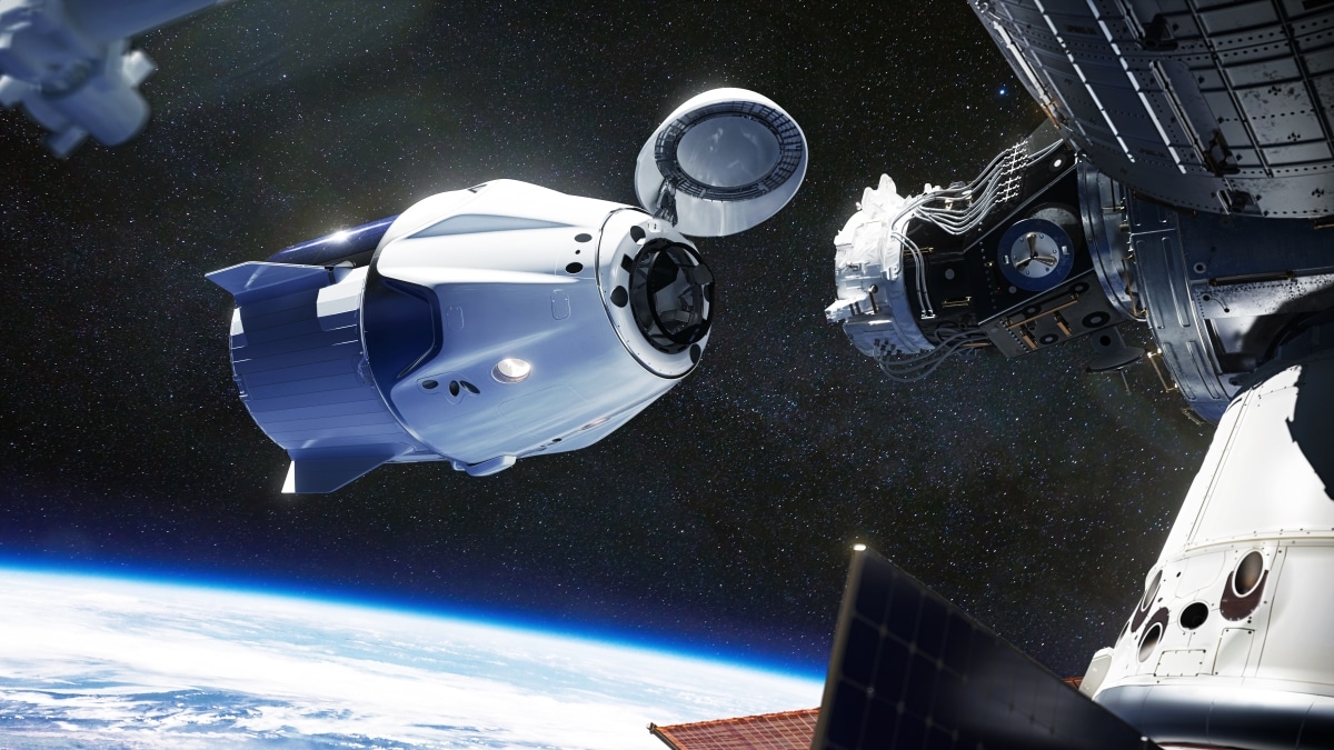 SpaceX Crew Dragon spacecraft docking to the International Space Station.