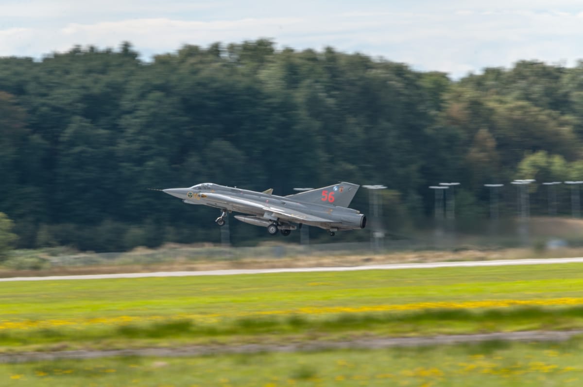 Gothenburg, Sweden - August 29 2010: Saab 35 Draken supersonic fighter airplane of the Swedish air force.
