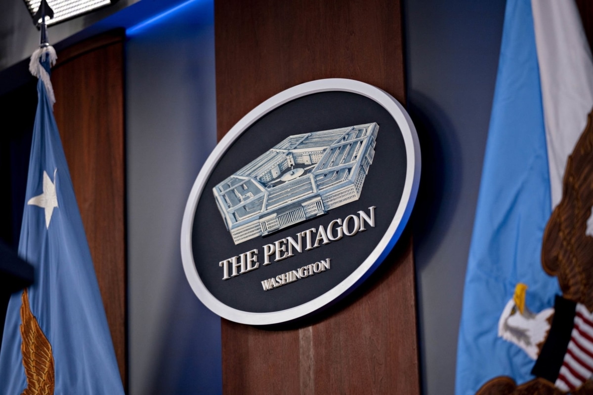 The Pentagon seal in the Pentagon Briefing Room in Arlington, Virginia