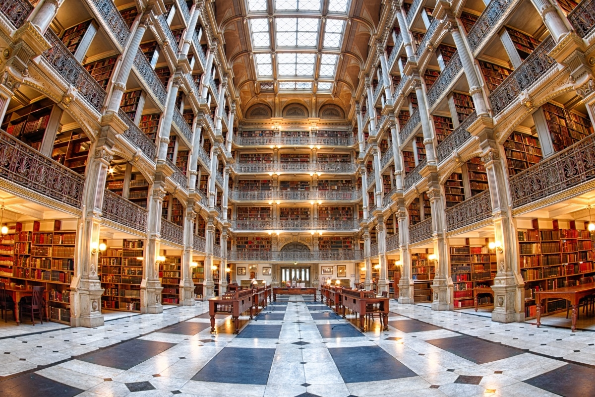 BALTIMORE, USA - JUNE 23, 2016 Bookshelf inside Peabody Library a research library for John Hopkins University