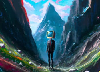 Artificial Intelligence (AI) generated Image using Dall-E, depicting a man with a computer head standing in a valley.
