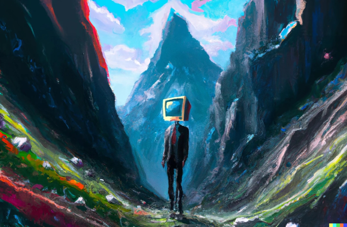 Artificial Intelligence (AI) generated Image using Dall-E, depicting a man with a computer head standing in a valley.