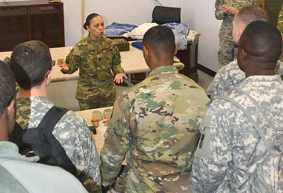 Master Sgt. JennyAnne Bright, course manager for the 92-Sierra military occupational specialty, instructs a class about field services for Quartermaster Basic Officer Leader Course students Wednesday.