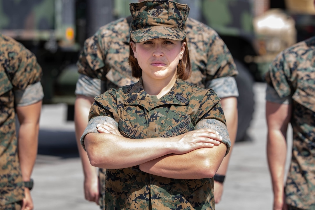 U.S. Marine Corps 1st Sgt. Jessica S. Davila, with Headquarters and Service Company, Combat Logistics Battalion 2, Combat Logistics Regiment 2 poses for a photo on Camp Lejeune