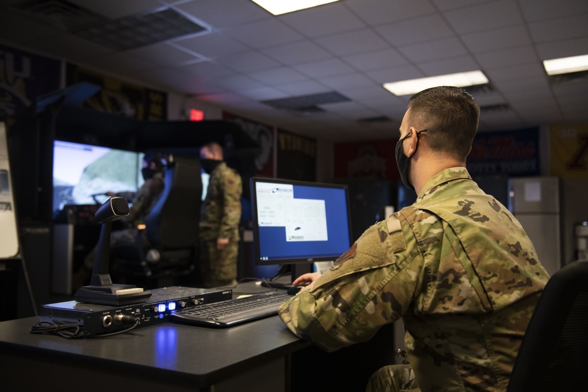 U.S. Air Force Staff Sgt. Andrew Wheatley, 325th Logistics Readiness Squadron noncomissioned officer in charge of ground transportation operations, monitors the control panel of a Doron 550 TuckPlus simulator on Tyndall Air Force