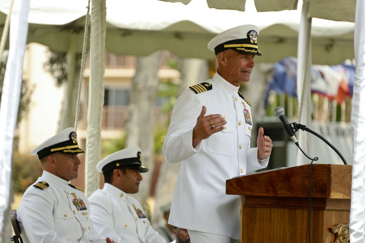 CORONADO, Calif. (July 23, 2021) Capt. Bart Randall, commanding officer, Naval Special Warfare Center (NSWCEN), delivers remarks during the NSWCEN change of command ceremony onboard Naval Amphibious Base Coronado