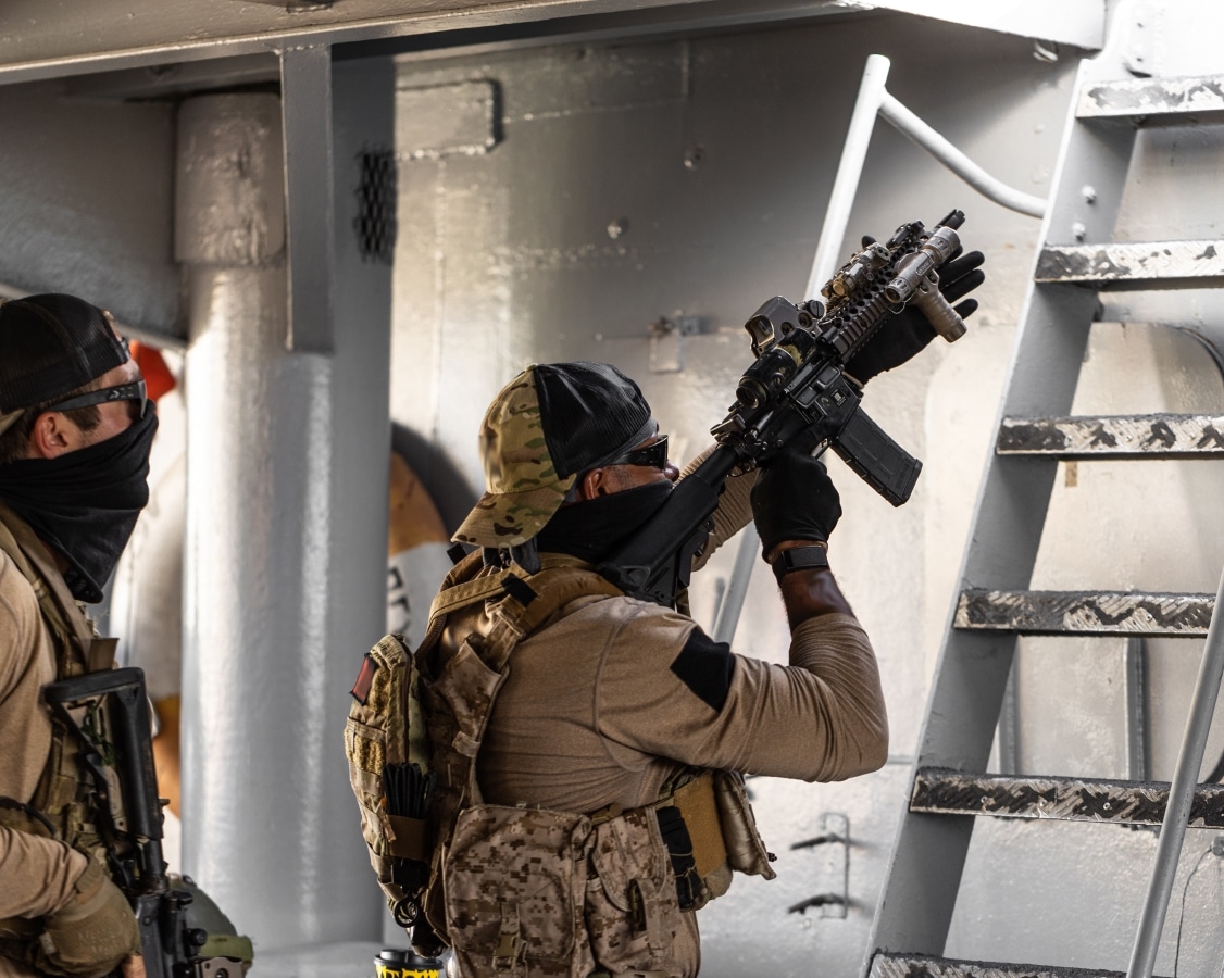 Members of US Naval Special Warfare Task Unit Europe (NSWTU-E) conduct maritime Visit, Board, Search and Seizure (VBSS) training using Colt MK 18 carbines alongside a Cypriot Underwater Demolition Team