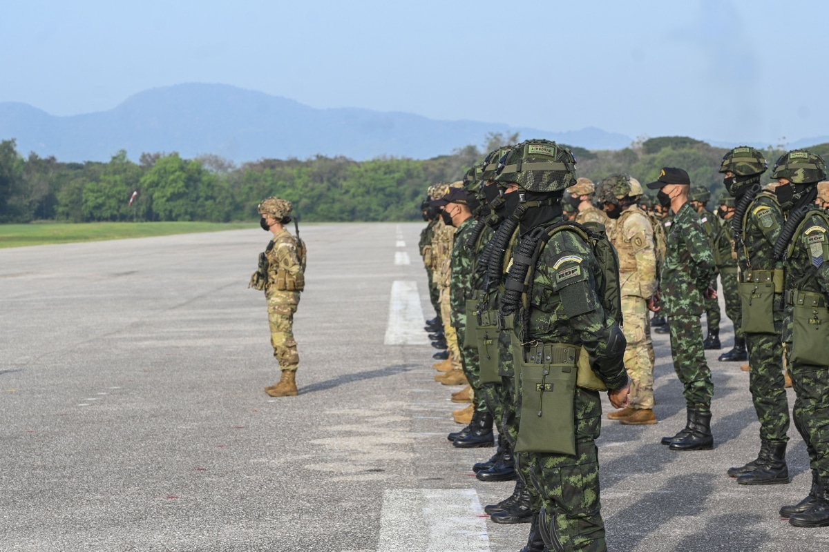 Soldiers with the U.S. Army and the Royal Thai Army stand in formation during the opening ceremony for Hanuman Guardian 2022 at the Infantry Center, Khao Noi, Kingdom of Thailand