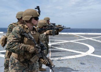 220912-N-XB010-2007 SEA OF JAPAN (Sept. 12, 2022) – Marines assigned to the 31st Marine Expeditionary Unit (MEU) participate in a live-fire shoot with M-4 rifles on the forward-deployed amphibious transport dock ship USS New Orleans