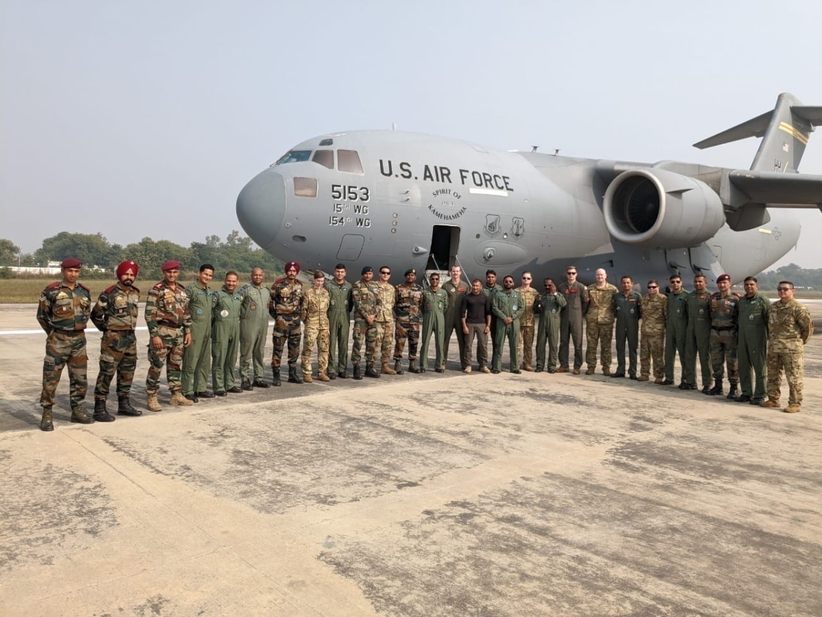 U.S. Air Force 535th Airlift Squadron and the Indian Air Force No. 81 Squadron personnel pose for a photo during Exercise COPE INDIA 2022 at Hindan Air Base, India Nov. 18, 2022. (Courtesy photo)