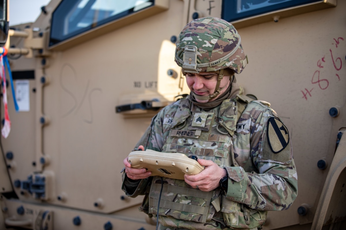 Sgt. Jack Rheiner, an intelligence analyst, assigned to 2nd Armored Brigade Combat Team, 1st Cavalry Division, inspects a Raven Small Unmanned Aerial System before launch during a Command Post Exercise at Drawsko Pomorskie Training Area