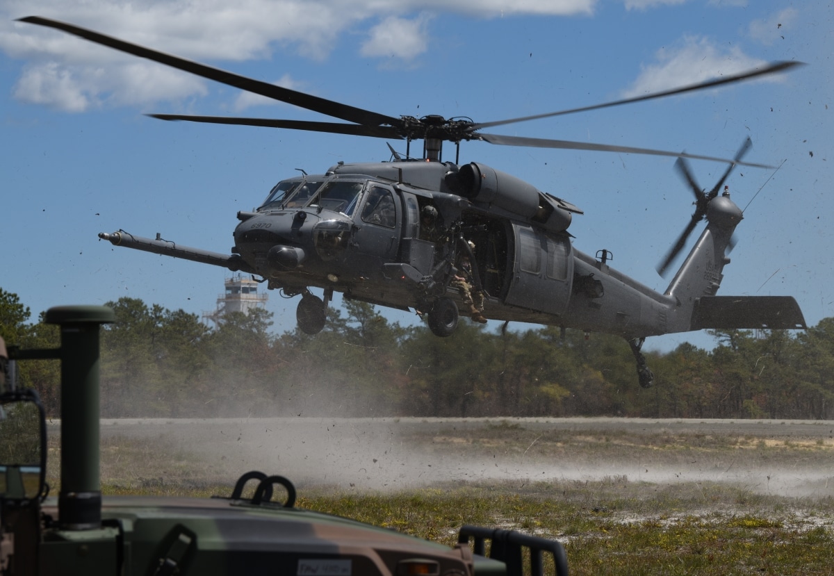 A New York Air National Guard HH-60G Pave Hawk helicopter assigned to the 106th Rescue Wing is landing in Warren Grove