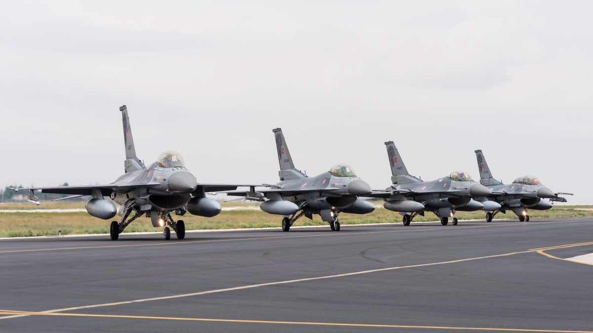 KONYA, TURKEY - June 08 2016: Several F-16s of Turkish Air Force gather for a military exercise known as Anatolian Eagle. Pilots execute several war scenarios and train for warfare.