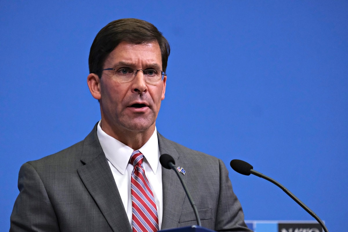 Brussels, Belgium. 27th June 2019. Acting US Secretary for Defense Mark Esper gives a press conference on the results of the Nato Foreign