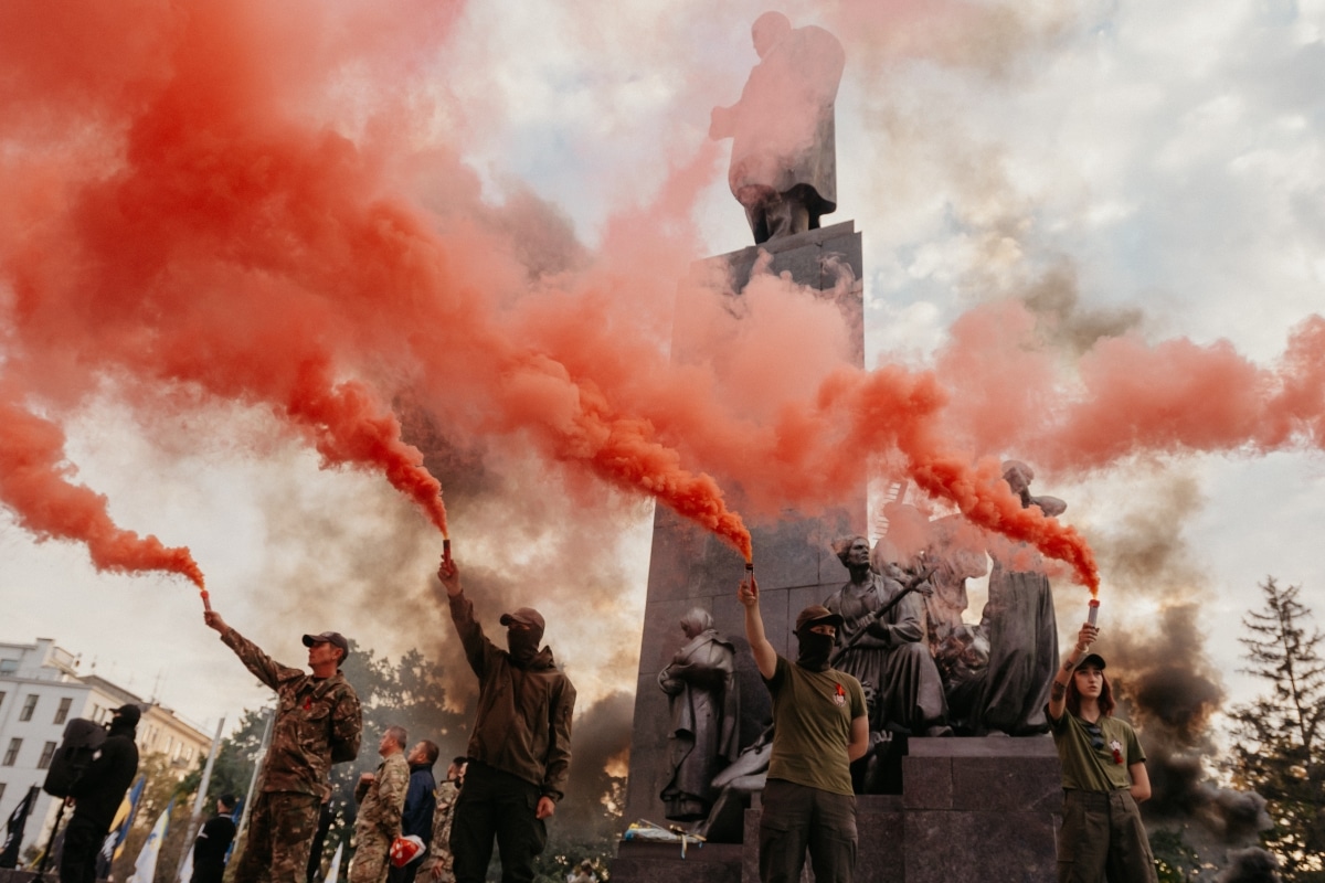 KHARKIV, UKRAINE - OCTOBER 14, 2020: Members of nationalist organisations, Ukrainian veterans of Russian-Ukrainian war, volunteers, who were injured on war on Eastern Ukraine during march in Kharkiv
