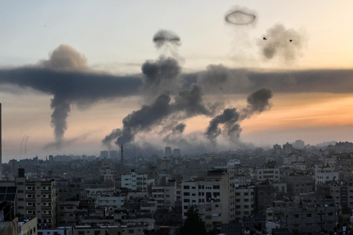 Israeli air strikes on residential buildings and towers in Gaza City, on May 12, 2021. At least 35 people were killed in Gaza and five in Israel as tensions have escalated in the region.
