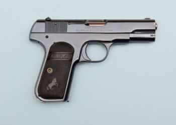 Edwardsville, IL-3 1 2016: Colt M1903 .32 pistol 1903-1945. Used by Bonnie and Clyde, Dillinger, Sutton, Capone, airline pilots, generals, the French Resistance, the OSS, Hideki Tojo, and Dick Tracy.