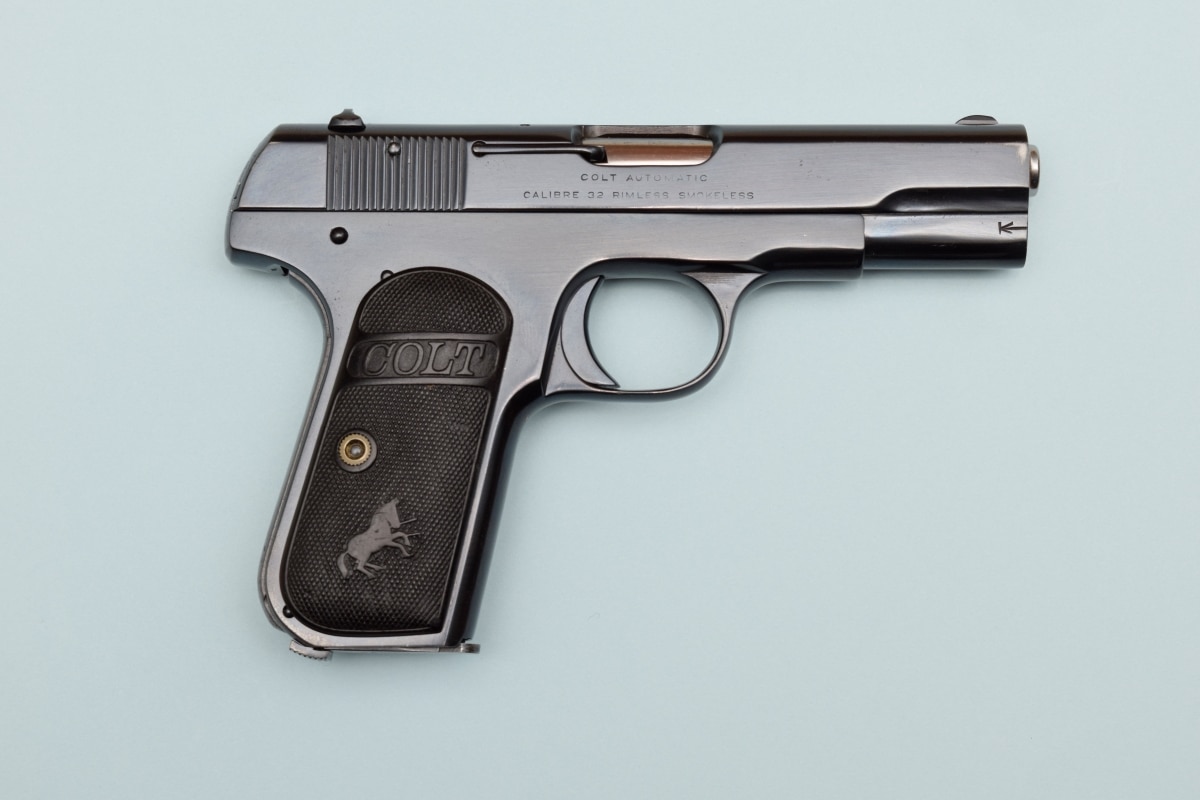 Edwardsville, IL-3 1 2016: Colt M1903 .32 pistol 1903-1945. Used by Bonnie and Clyde, Dillinger, Sutton, Capone, airline pilots, generals, the French Resistance, the OSS, Hideki Tojo, and Dick Tracy.