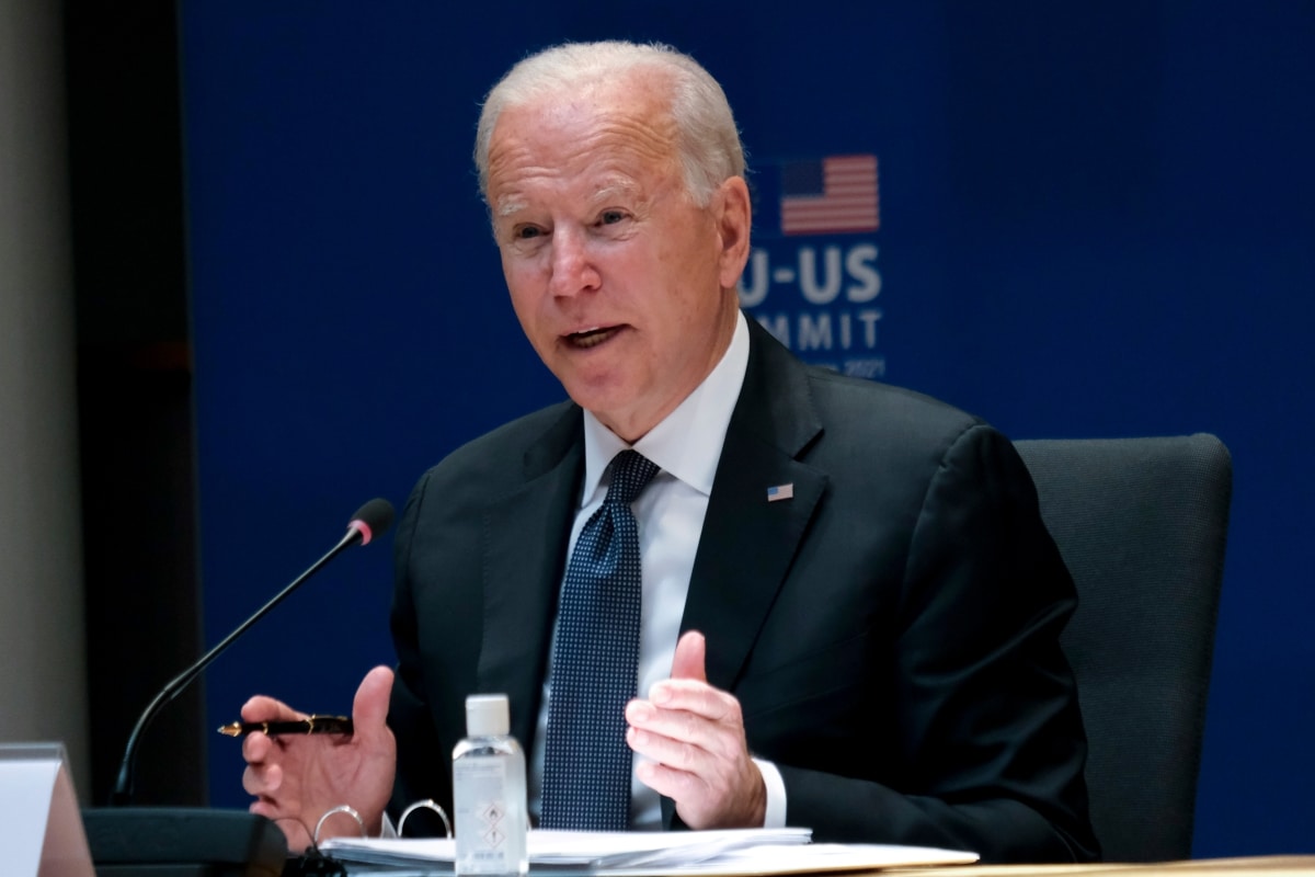 President Joe Biden arrives for the United States-European Union Summit at the European Council in Brussels, Belgium