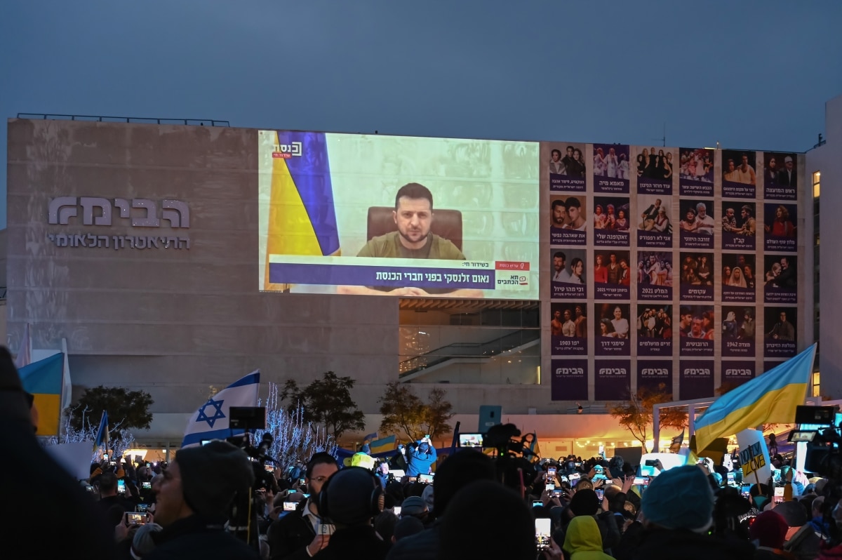 Tel Aviv. Israel - March 20, 2022: Rally in support of Ukraine in Tel Aviv on Habima square. Broadcast of Zelensky's appeal to the Israeli government and the Israelis.