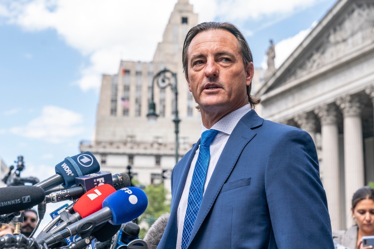 New York, NY - June 28, 2022: Brad Edwards, attorney representing victims of Jeffrey Epstein and Ghislaine Maxwell speaks to the press outside federal court