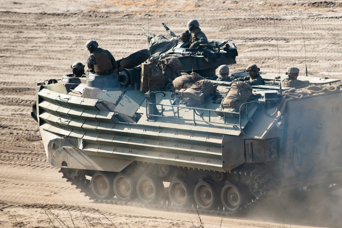 California, USA 2022: Help for Ukraine in the war. U.S. Marine Corps amphibious warfare, armored combat vehicles able to swim from the sea onto attack beaches