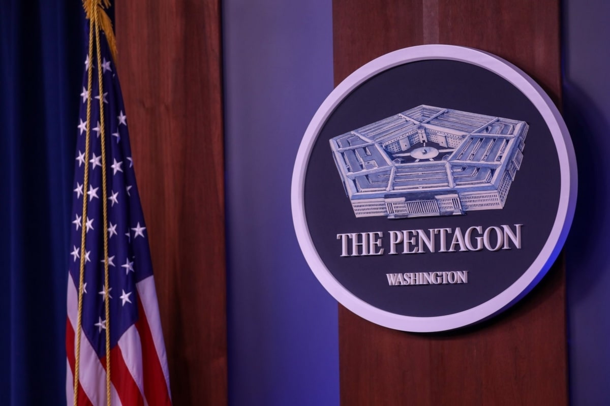 Pentagon logo is seen ahead of a press conference at the Pentagon January 28, 2021 in Arlington, Virginia on January 28, 2021.
