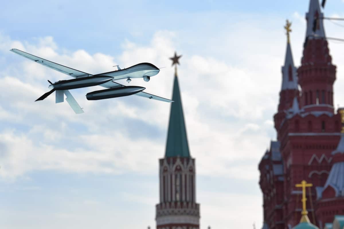 Unmanned military drone flies in the sky over Moscow, 3d rendering. Concept: combat strike drone, aerial attack on Kremlin, Ukrainian counterattack.