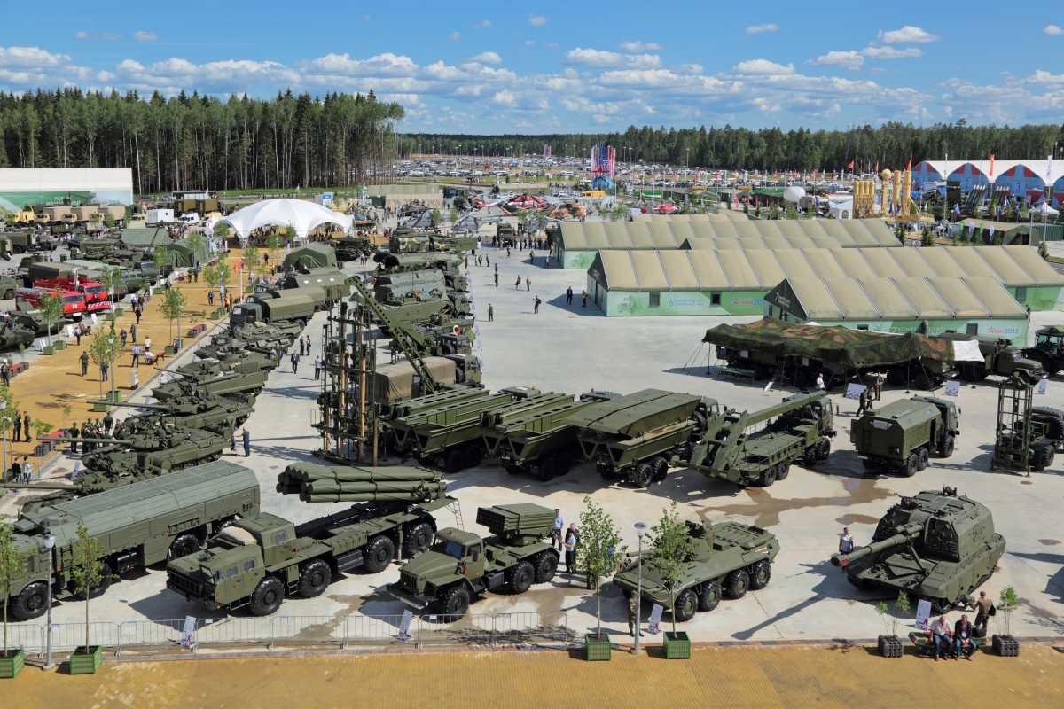 KUBINKA, MOSCOW OBLAST, RUSSIA - JUN 17, 2015: International military-technical forum ARMY-2015 in military-Patriotic park. Top view, panorama