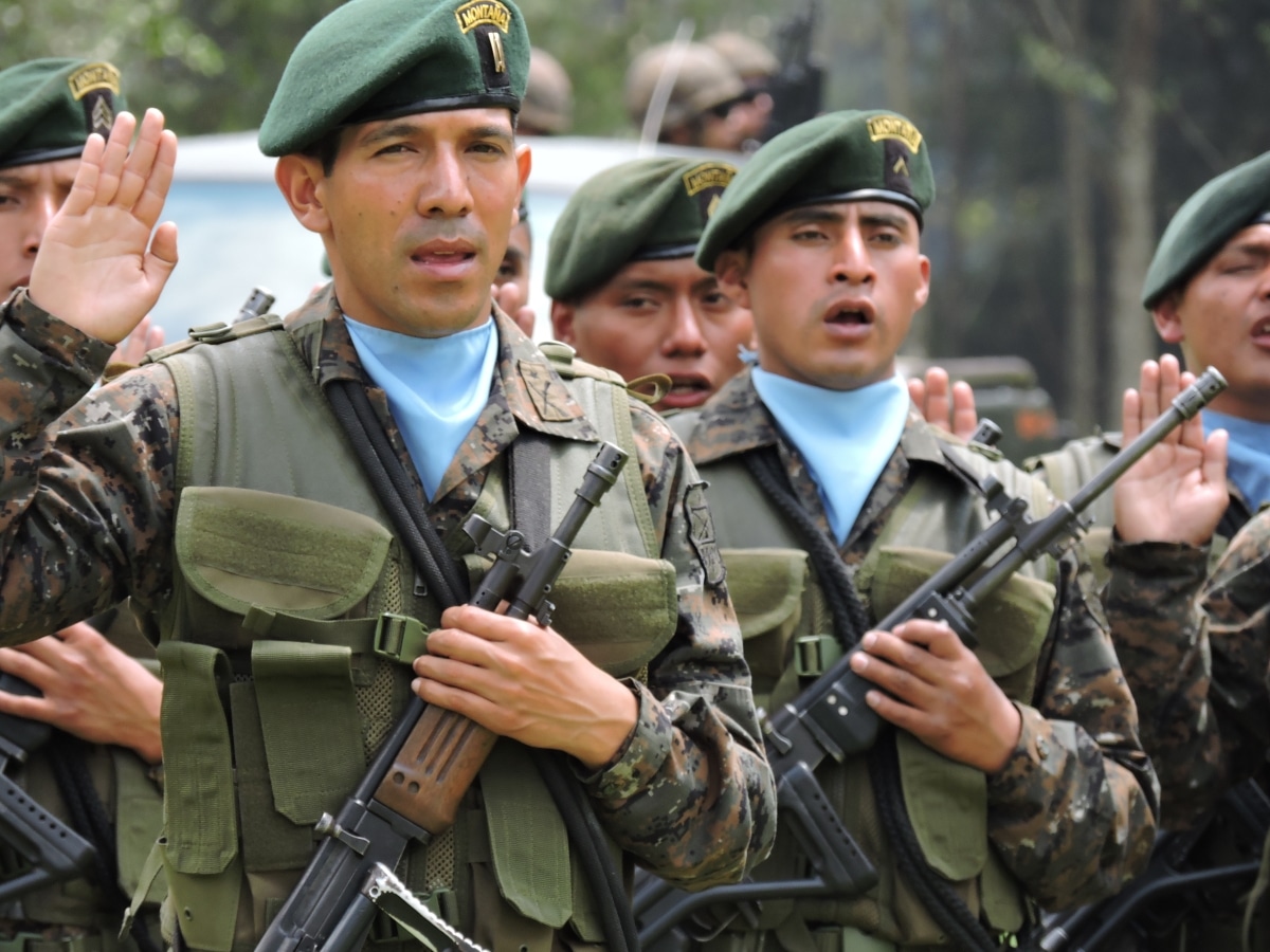 Soldiers from the Guatemalan army mountain division recite the pledge to their flag during the opening ceremony of Beyond the Horizon, a humanitarian and civic assistance program