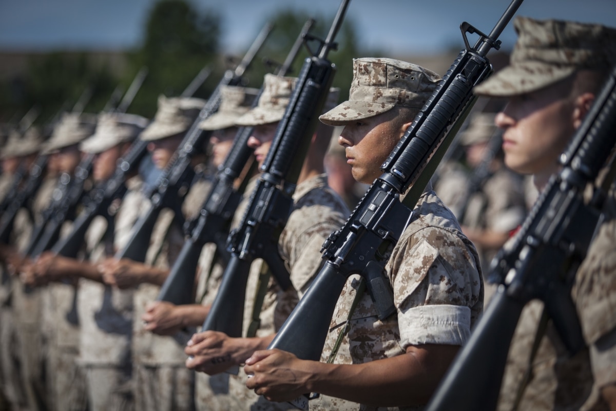 Officer candidates await the next command during close order drill at Marine Corps Officer Candidates School aboard Marine Corps Base Quantico, Virginia