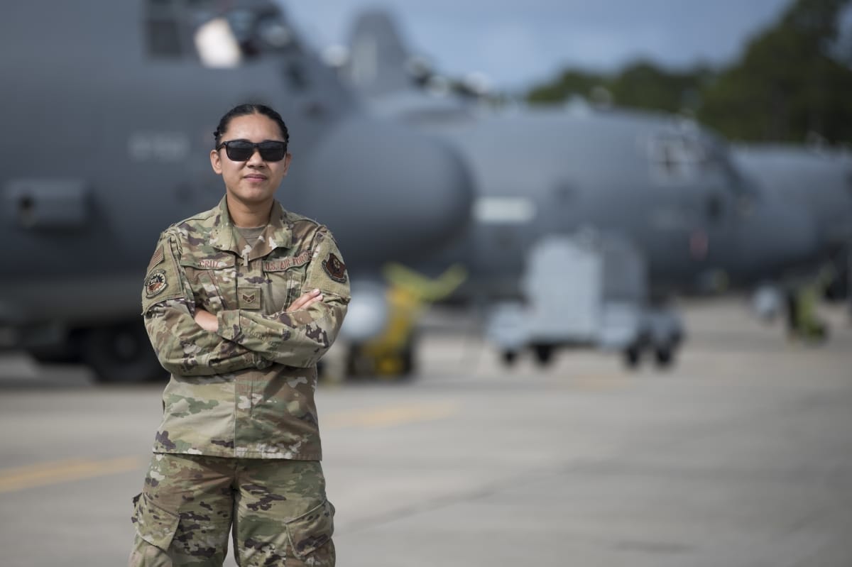 U.S. Air Force Senior Airman Alyssa Cruz is a crew chief with the 73rd Aircraft Maintenance Unit at Hurlburt Field, Florida, May 26, 2021. Cruz was part of an all-female maintenance contingent that prepped and conducted the first-ever all-female AC-130J Ghostrider gunship flight.