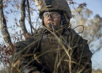 U.S. Marine Corps 1st Lt. Holly Sandler, the fire power control team leader with 5th Air Naval Gunfire Liaison Company detachment, Marine Rotational Force – Darwin, observes down range while coordinating close air support for a company attack on Objective Dingo during Exercise Koolendong, Bradshaw Field