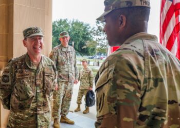 U.S. Army South’s commanding general, Maj. Gen. William L. Thigpen (right) and Lt. Gen. Cristobal de la Cerda (left), greet each other at the U.S. Army South headquarters