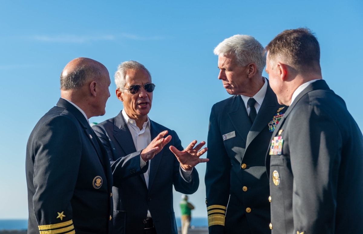 221106-N-DW158-1478 SAGAMI WAN (Nov. 6, 2022) From left to right, Adm. Mike Gilday, chief of naval operations, The Honorable Rahm Emanuel, U.S. ambassador to Japan, Vice Adm. Karl Thomas, commander, U.S. 7th Fleet, and Capt. Daryle Cardone, commanding officer of the U.S. Navy’s only forward-deployed aircraft carrier, USS Ronald Reagan (CVN 76), converse on the flight deck during a ship tour as part of the Japan Maritime Self-Defense Force Fleet Review 2022