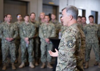 CORONADO (June 2, 2023) U.S. Army Gen. Bryan P. Fenton, commander, U.S. Special Operations Command, speaks with Naval Special Warfare Sailors during a visit to NSW West Coast commands.