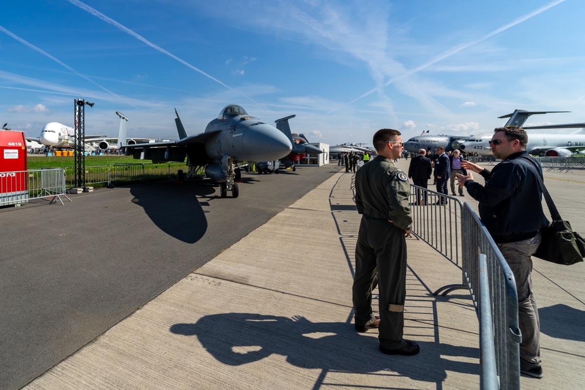 BERLIN - APRIL 27, 2018: Carrier-based multirole fighter Boeing F/A-18E Super Hornet. United States Navy. Exhibition ILA Berlin Air Show 2018.