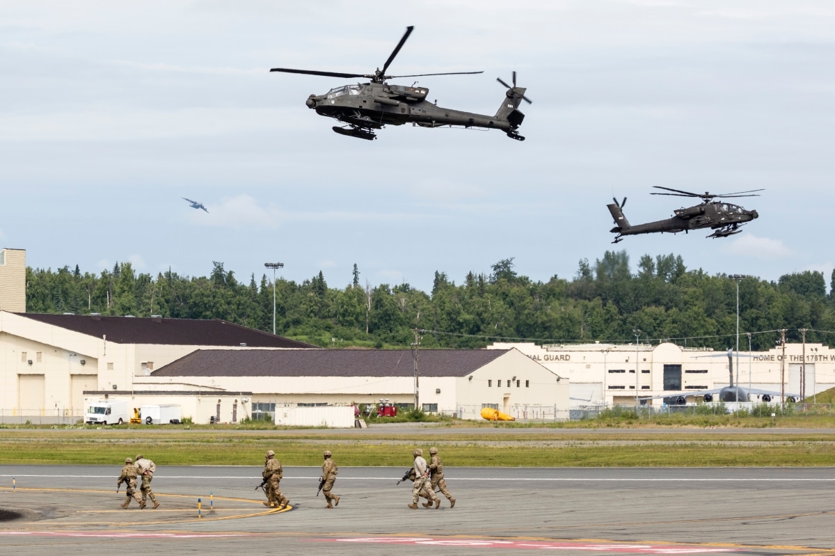 ANCHORAGE, ALASKA / USA - June 30, 2018: A United States Arms AH-64 Apache performs a show of force demo