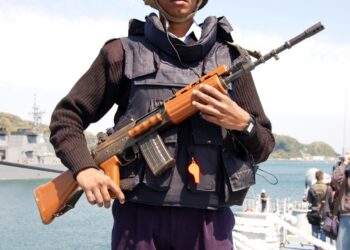 Kanagawa, Japan - April 14, 2007:Indian Navy Ordnance Factory Tiruchirappalli "INSAS (an abbreviation of INdian Small Arms System)" assault rifle.