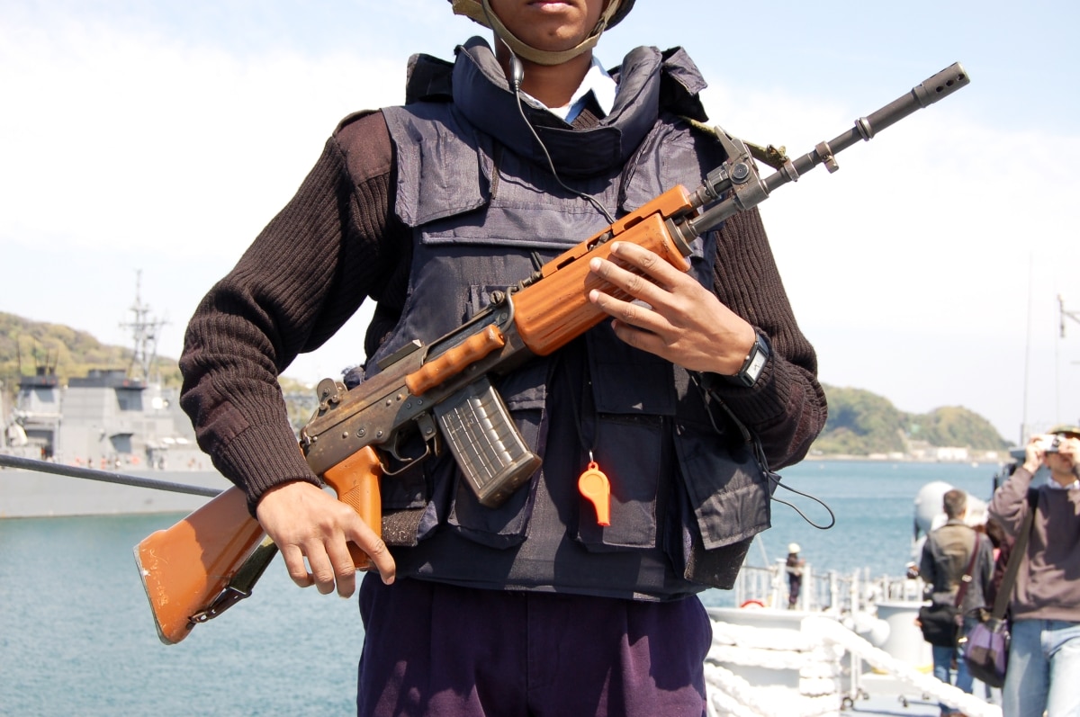 Kanagawa, Japan - April 14, 2007:Indian Navy Ordnance Factory Tiruchirappalli "INSAS (an abbreviation of INdian Small Arms System)" assault rifle.