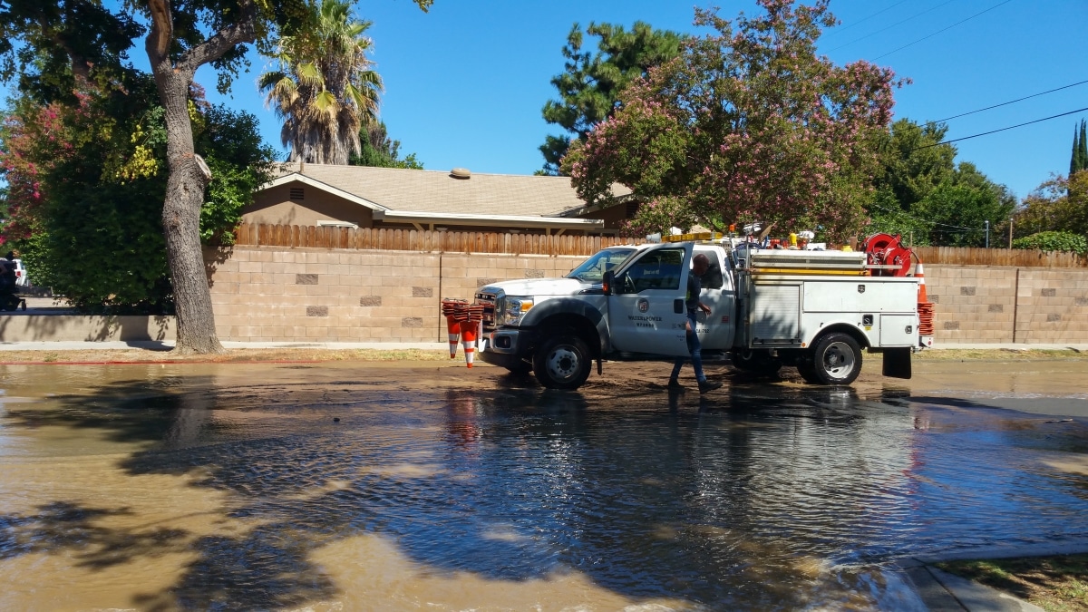 Northridge, CA / United States - August 19, 2019: A major water main break in Northridge caused extensive flooding and required the Los Angeles Department of Water and Power to respond