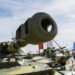 Moscow, Russia - August 25, 2020: International Military-Technical Forum "Army-2020", Tank cannon in the foreground against the background of an exhibition of heavy artillery.