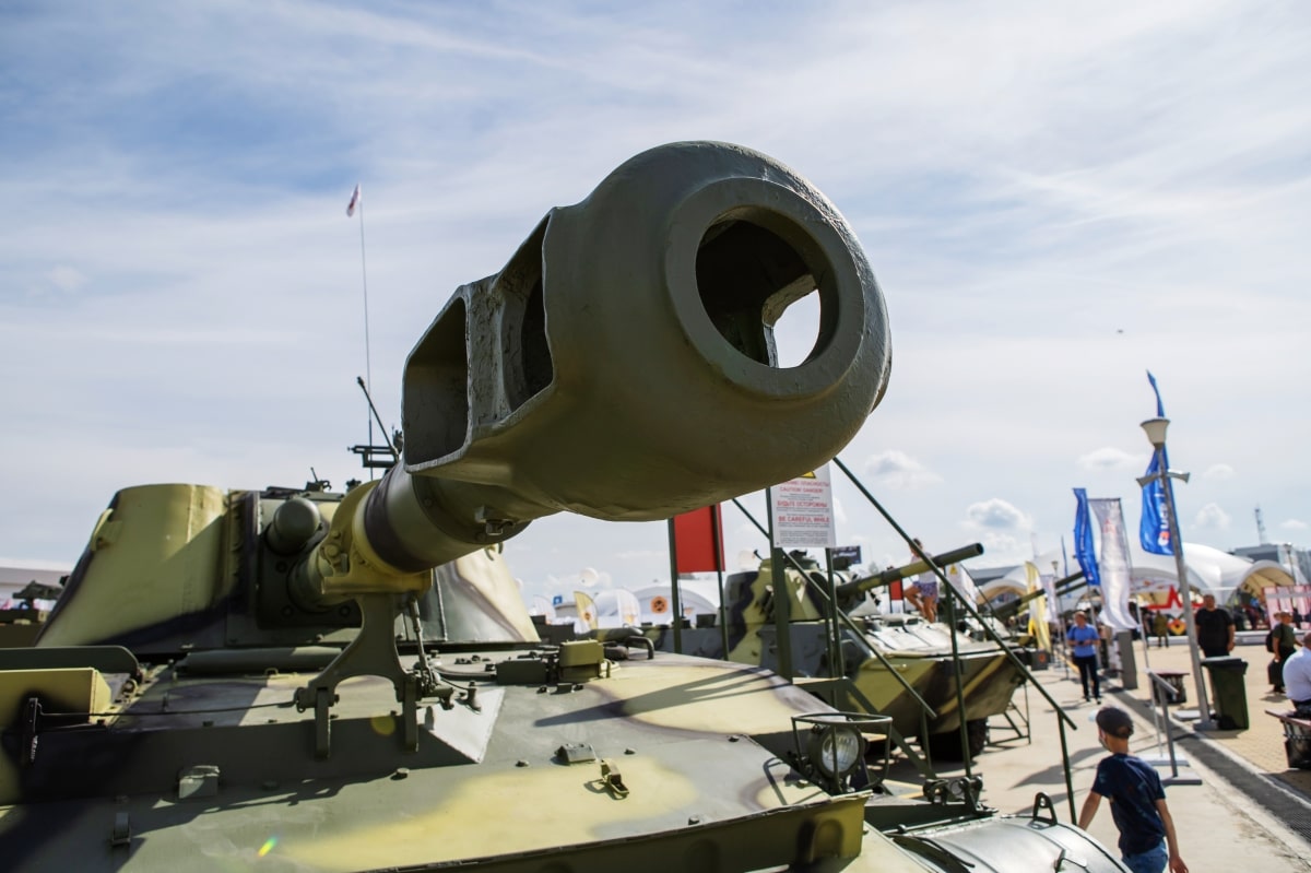 Moscow, Russia - August 25, 2020: International Military-Technical Forum "Army-2020", Tank cannon in the foreground against the background of an exhibition of heavy artillery.